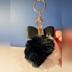 Black Bow Bag Charm/ Keychain with Fluffy Black & White Colored Pom Pom